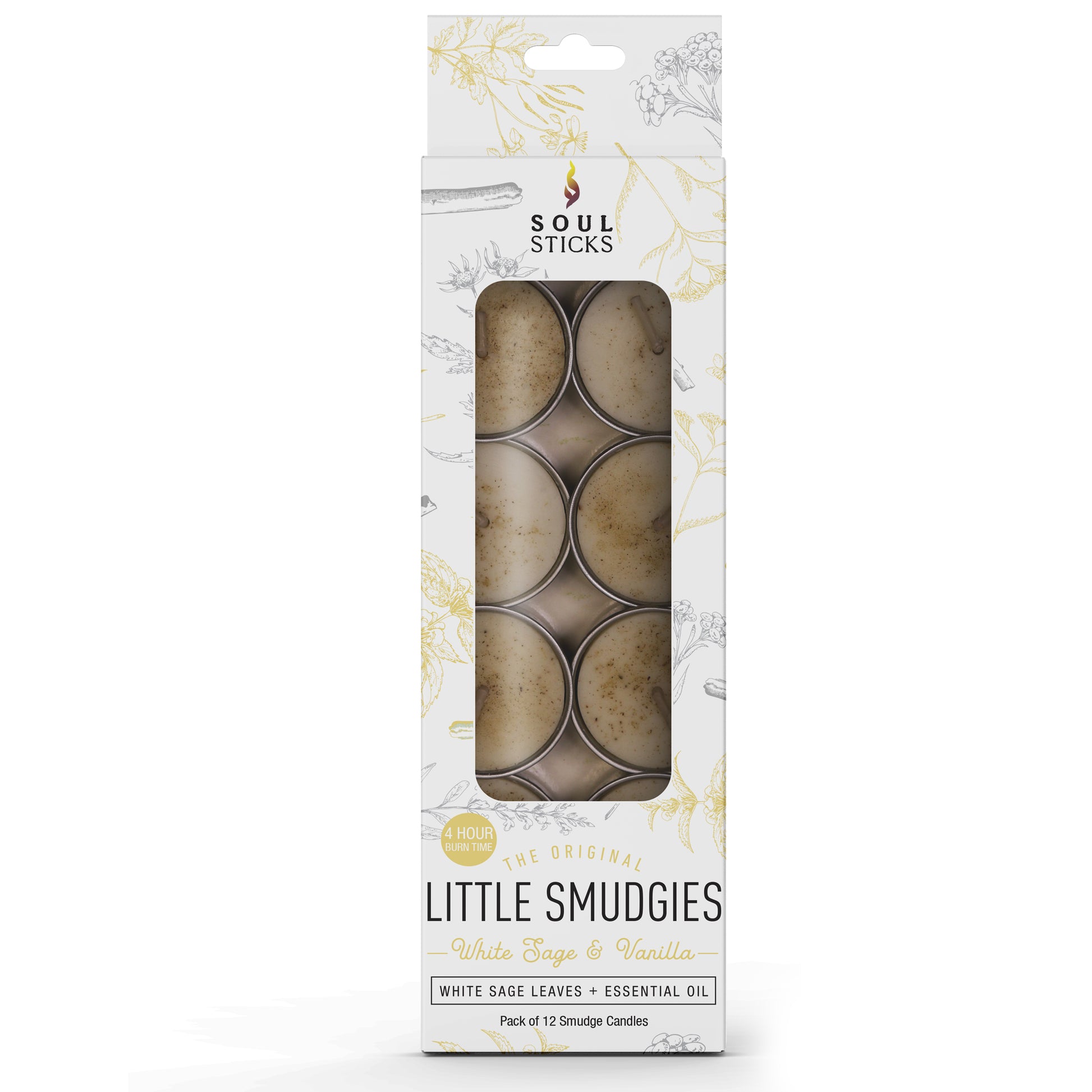 Little Smudgies White Sage & Vanilla Smudge Candle Pack shown in a metal tin