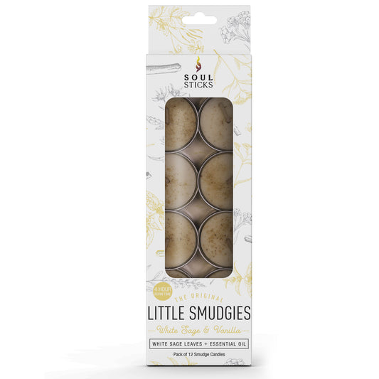 Little Smudgies White Sage & Vanilla Smudge Candle Pack shown in a metal tin