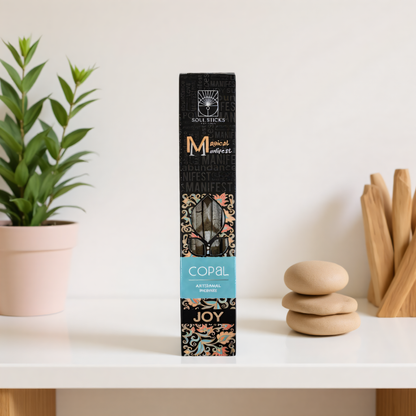 Magical Manifest Copal Incense on an airy neutral living room shelf