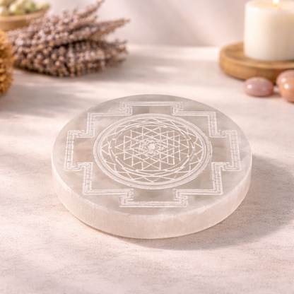Selenite Yantra Incense Burner displayed on a tabletop
